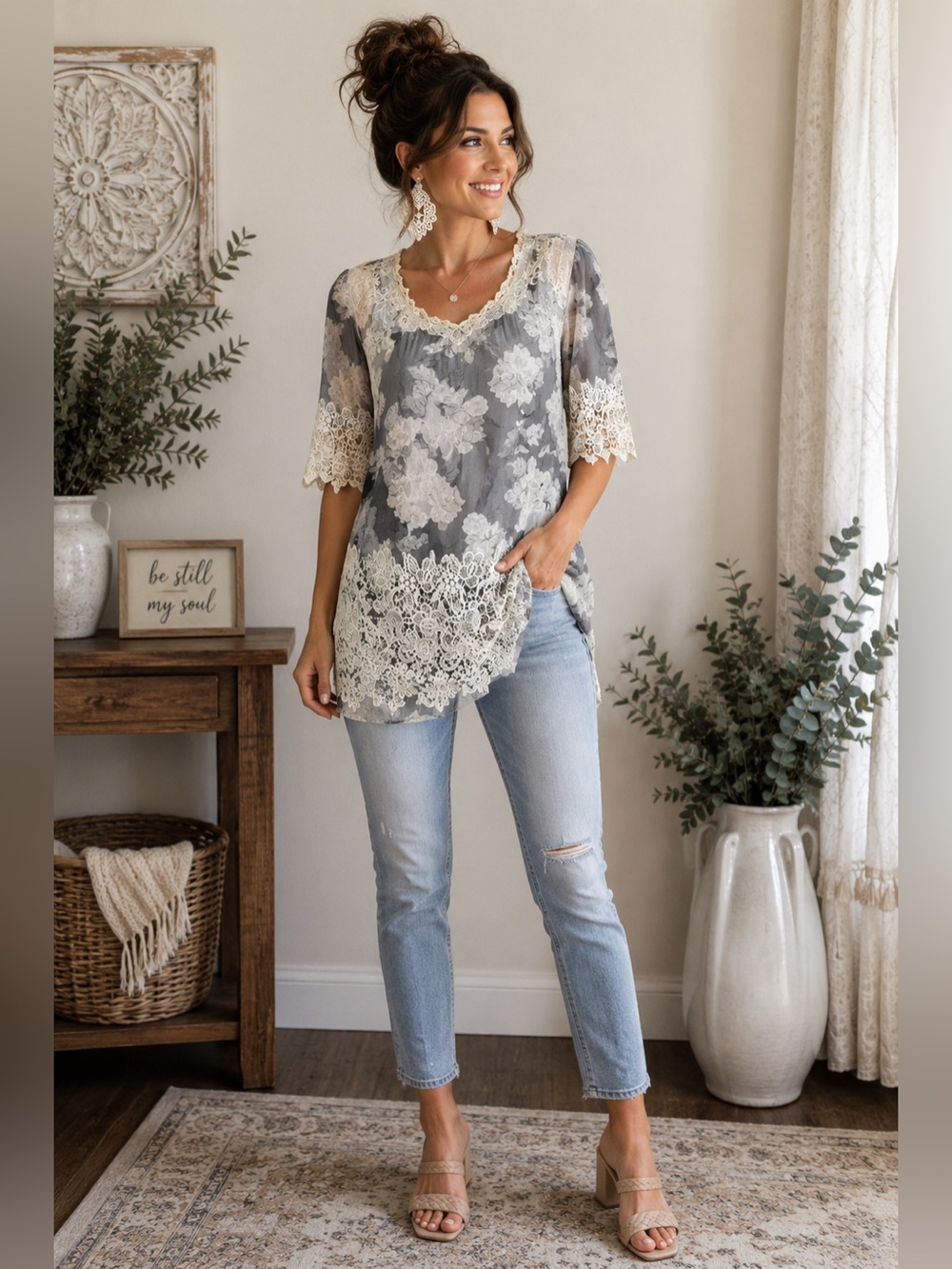 Pretty Angel Black White Crochet Lace Boho Tunic Top L